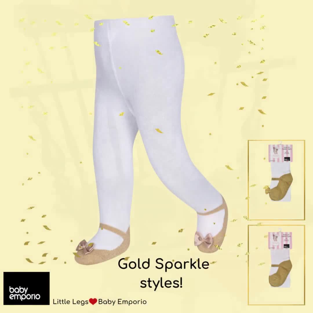 Baby Girl Gold Sparkle Tights With Bow 0-6 Months Anti-slip Soles
