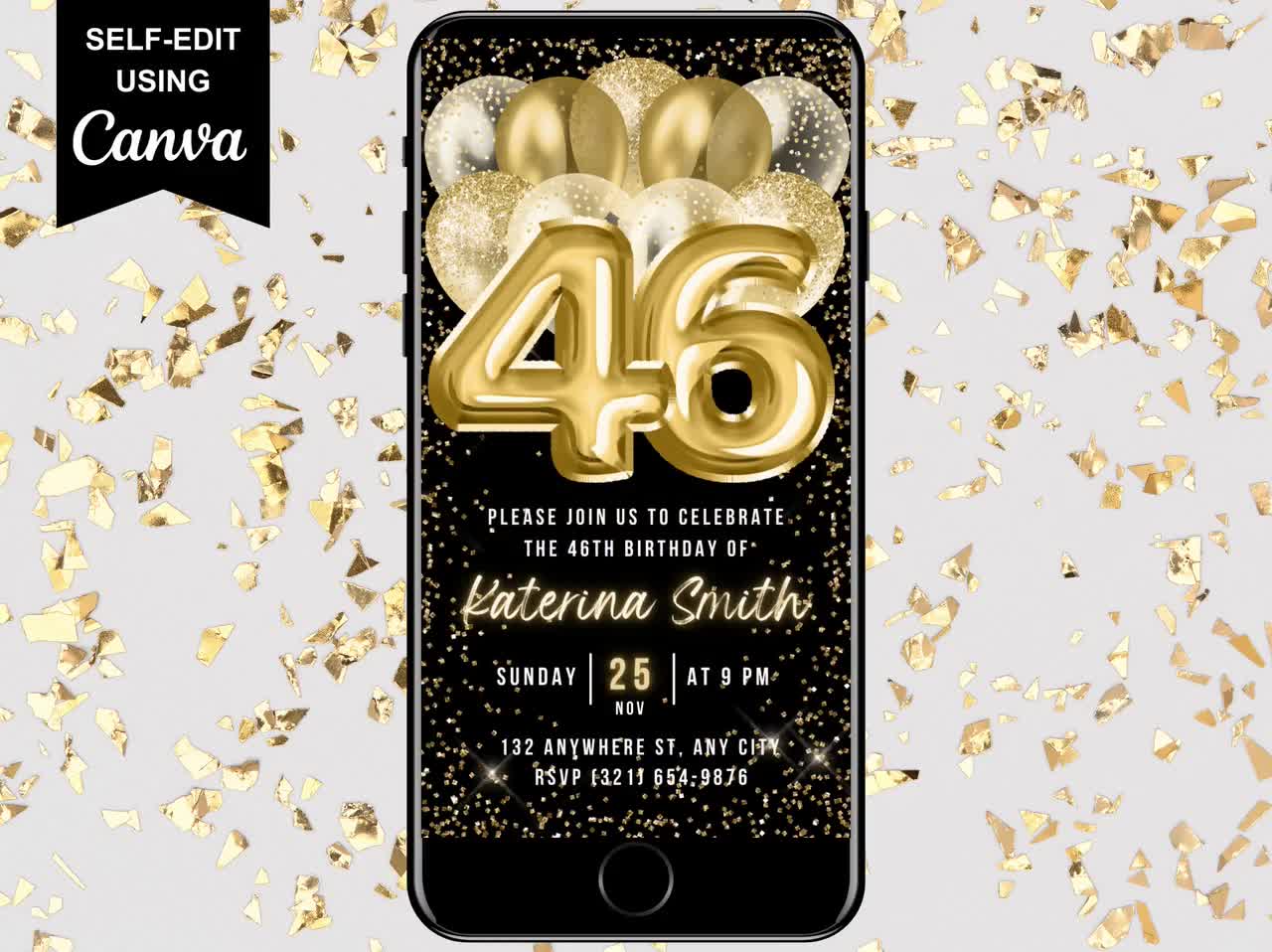 Invitación digital para 46 cumpleaños, invitación animada para cena con  globos dorados, mensaje de texto para móvil y plantilla de Canva editable.  - Etsy México, image size:1280x958