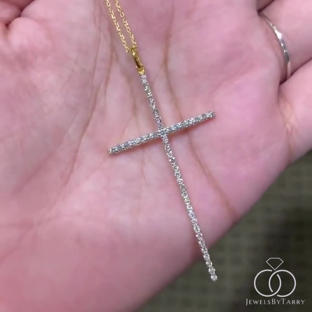 Long Diamond Cross Pendant Necklace / 18k 14k 10k Gold Long Cross Necklace  / Long Pave Diamond 0.49 carat / Thin Long Cross / Labor Day