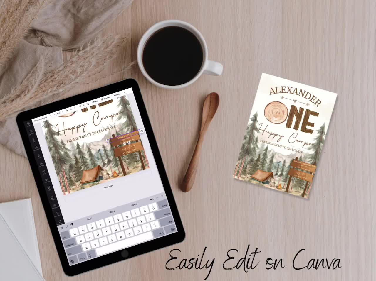 ONE Happy Camper Birthday Party bundle,Camping Birthday party decor,First  Birthday party decorations,boys 1st birthday,EDITABLE template, image size:1280x958