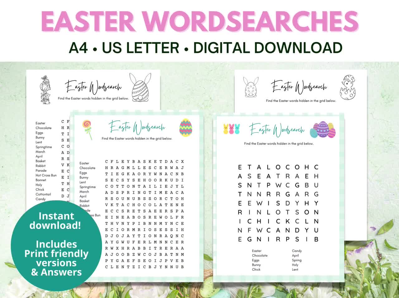 Easter Wordsearch Printable Kids Activity Easter Classroom Game Print  Friendly Word search Answers Included Instant Download 2 levels