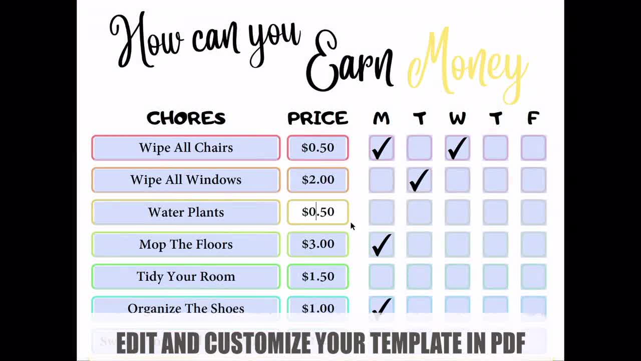 How To Earn Money Chore Chart Bundle Rainbow Color, Editable Kids Allowance  Chore Chart, Printable Chore Chart For Kid, Responsibility Chart
