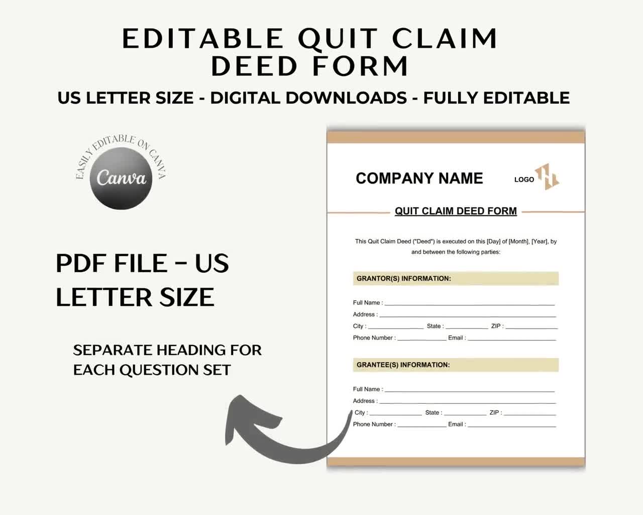 Editable Quit Claim Deed Form | Real Property Transfer Template | Recordable Legal Document - PDF - Instant Download - Etsy for Free Printable Quit Claim Deed Form Tennessee