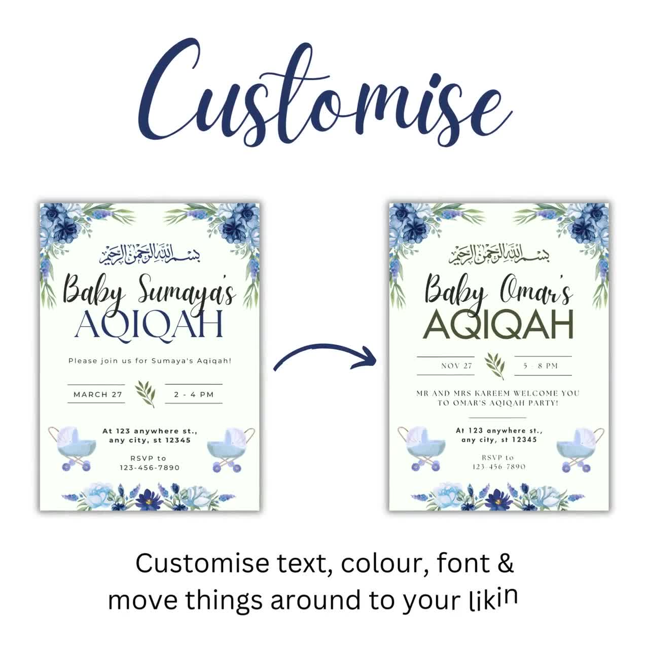 Customizable Aqiqah Invitation Digital Download, Unisex Aqeeqah Party  Invitation, Muslim Baby Girl / Boy Shower Invite