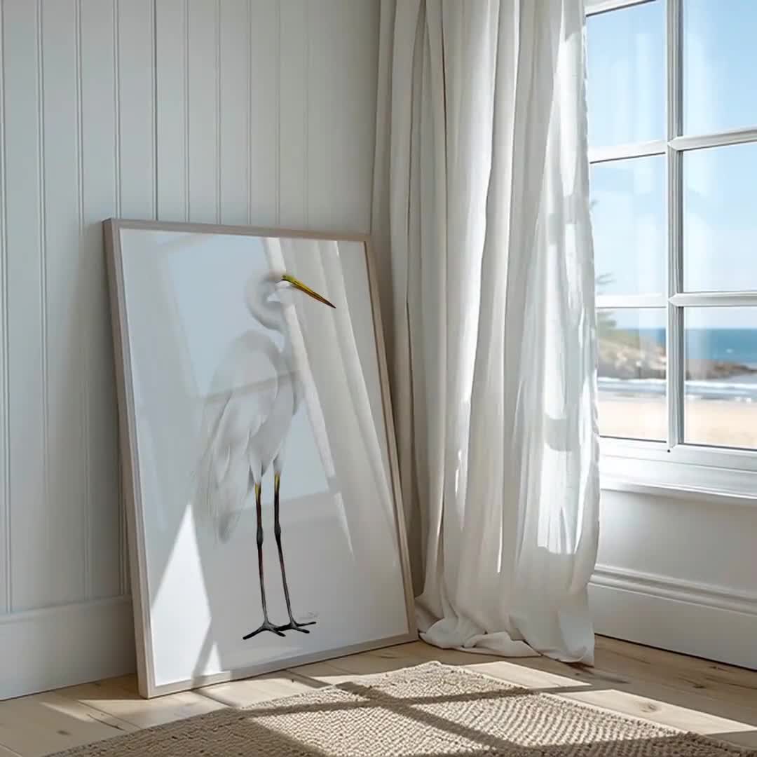 サギの水彩画、背の高い白いサギのアートプリント、海岸の鳥の装飾