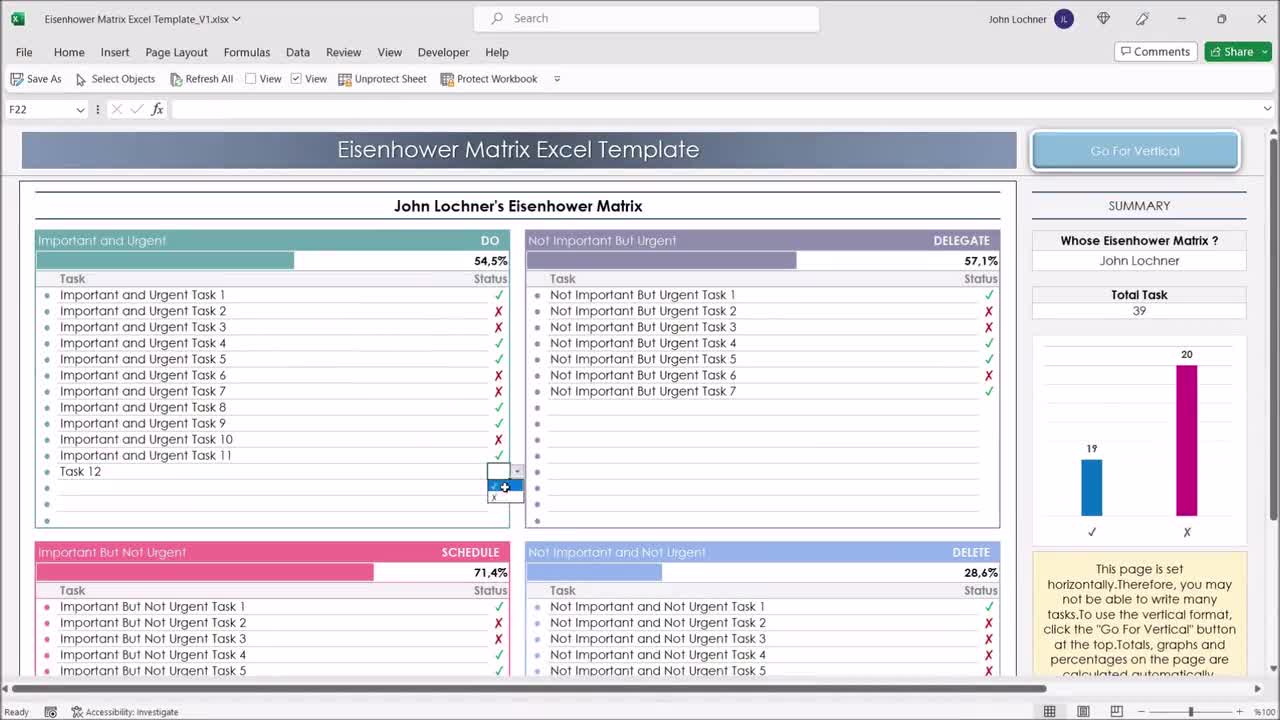 アイゼンハワー マトリックス Excel テンプレート | アイゼンハワー マトリックス プランナー | 生産性 Excel プランナー |  タスク優先度プランナー | Excel タスク スプレッドシート