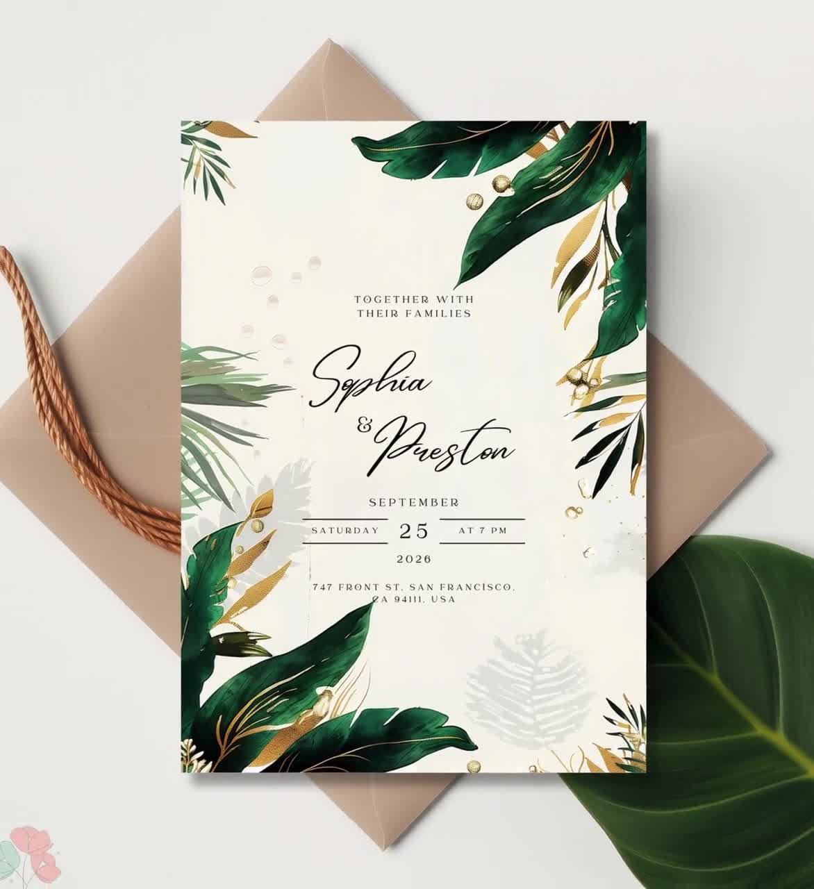 Green Leaves Wedding Invitation Template Gold and Green Invite