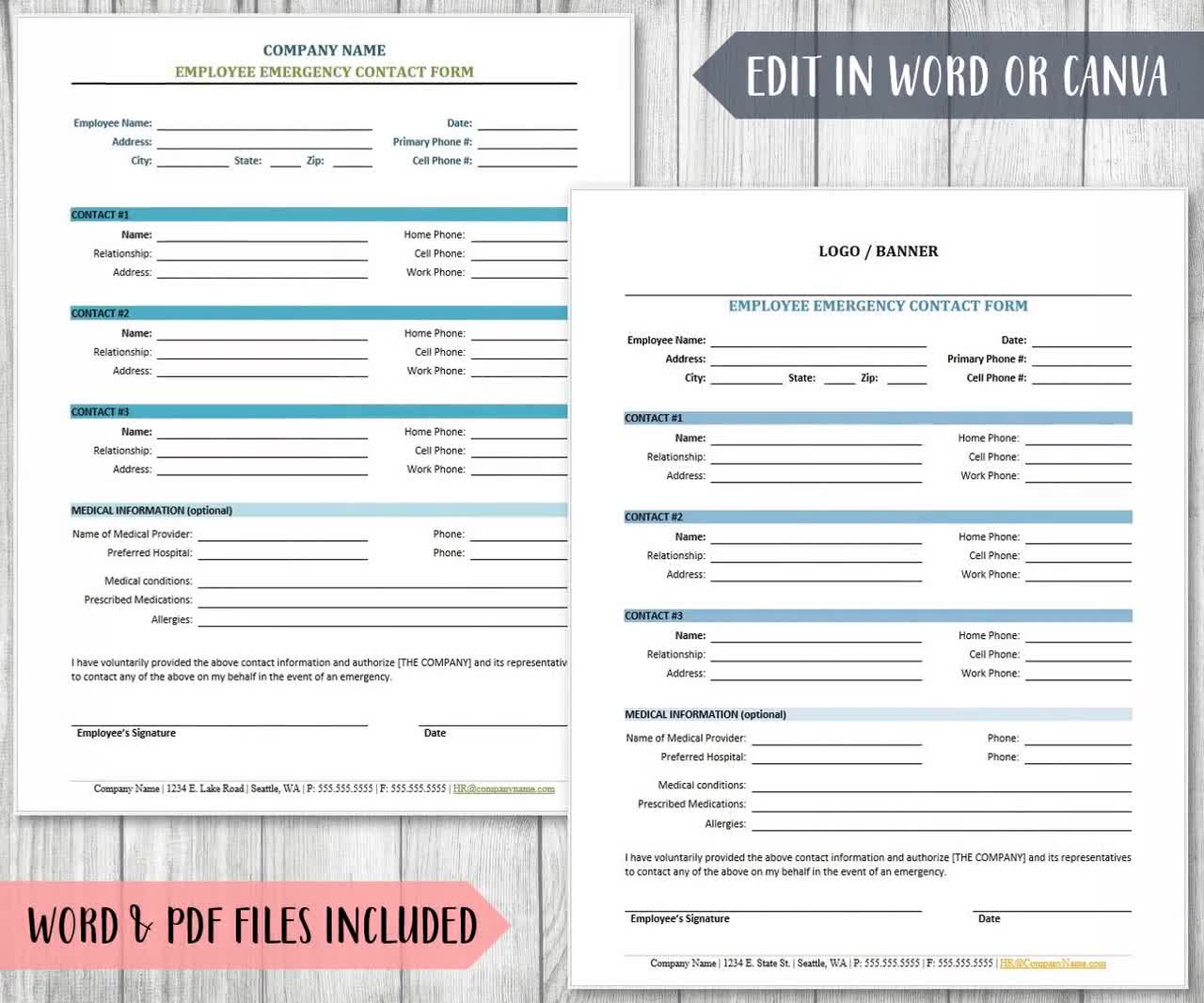 Employee Emergency Contact Form HR Employment Templates - Etsy