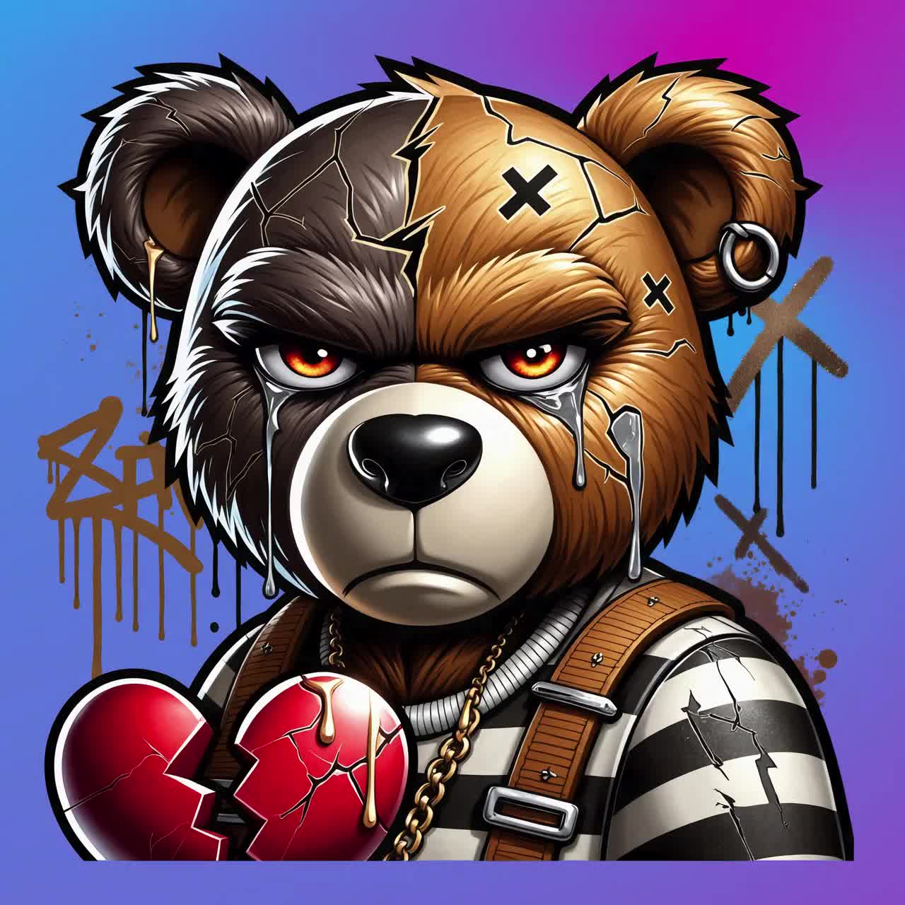 Emotional Broken Heart Teddy Bear PNG Graffiti Streetwear Design