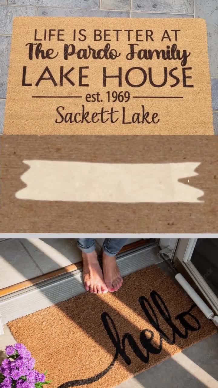 Welcome Door Mat With Funny Family Feet. Friendly Grey Door Mat Closeup  With Four Bare Feet Standing. Welcome Carpet. Four Feet On Foot Scraper.  Stock Photo, Picture and Royalty Free Image. Image