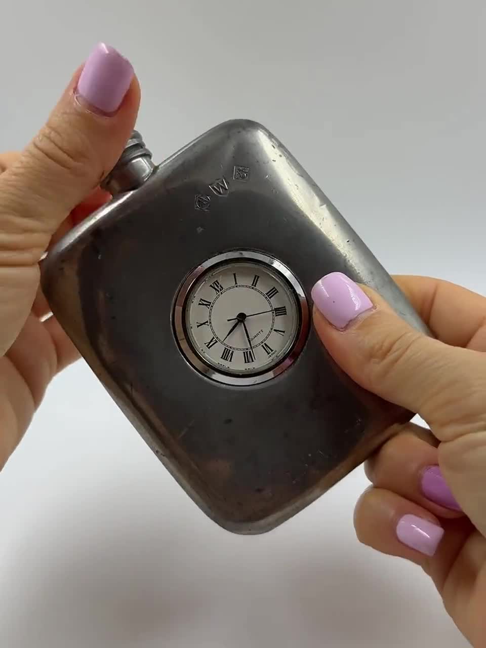 English Pewter Hip Flask With Japan Quartz Clock, Gentleman's Club