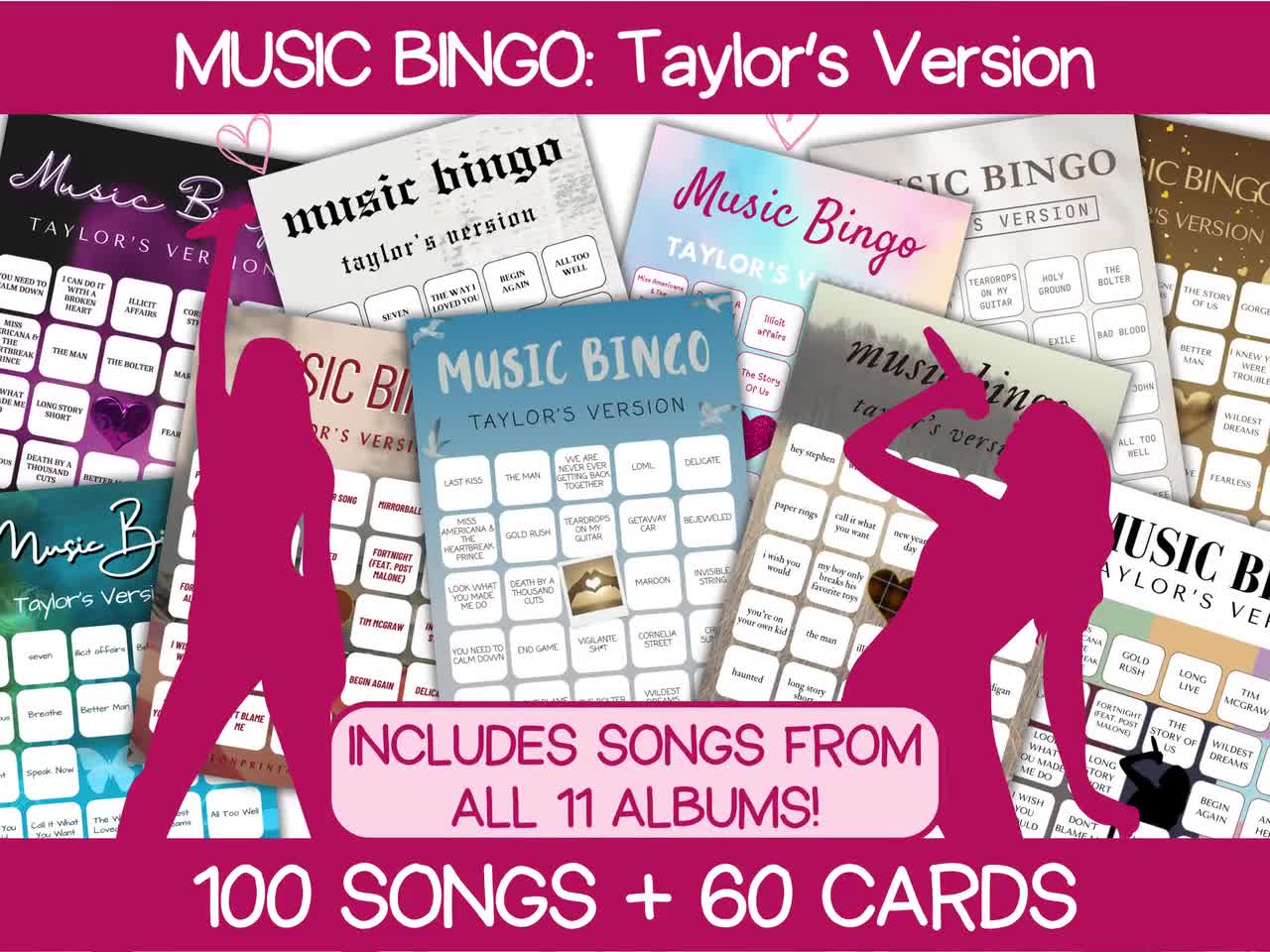 Musikbingo Tays version | T Swift Musikbingo med spellista | 60 bingokort | Swift Partyspel | Tonårsfestspel | Utskrivbara spel video poster