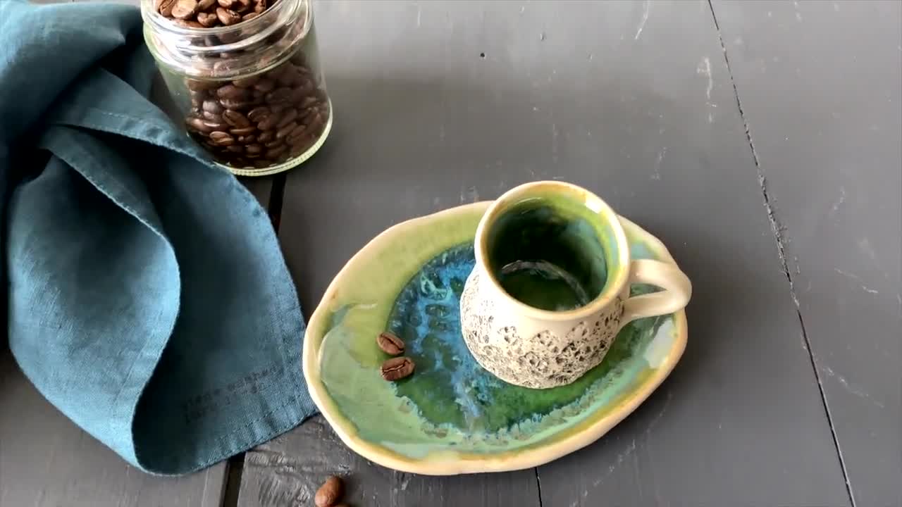 Taza Espresso con Plato de Cerámica verde 4 oz - INPE