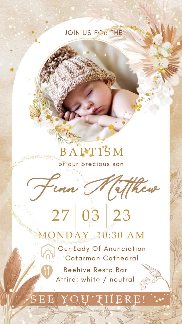 Boho Christening Video Invitation Pampas Baptism Invite Christening  Baptismal Digital Boho Baptism Girl Boy Video Invite (FREE Add Photo), image size:720x1280