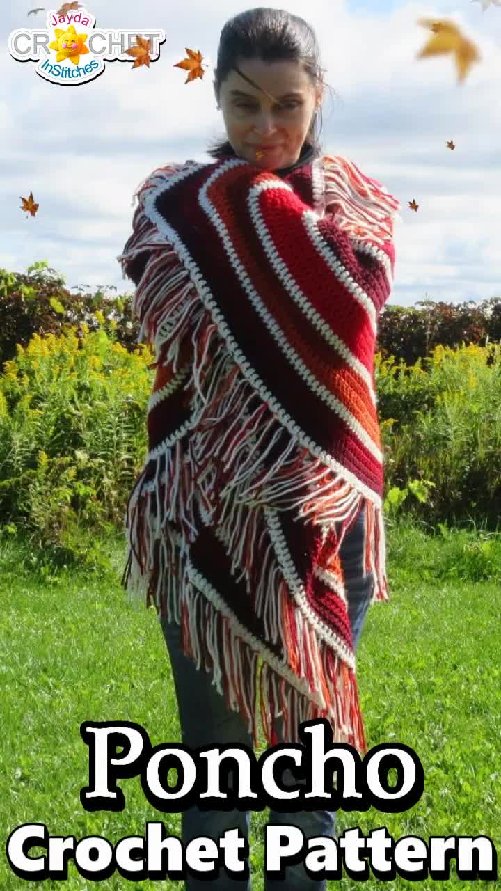 Crochet Striped Poncho With Fringe PATTERN PDF Vintage Boho 