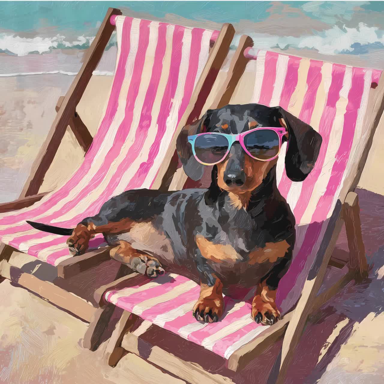 ダックスフンドのアートプリント、おもしろいダックスフンドの夏の絵画 
