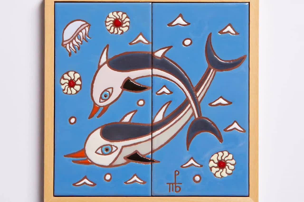 Dolphins Ceramic Handpainted Tile Sea Life Wall Art Kids Room 