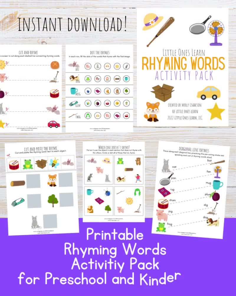 Printable Rhyming Words Activity Pack for Preschool and Kindergarten Kids