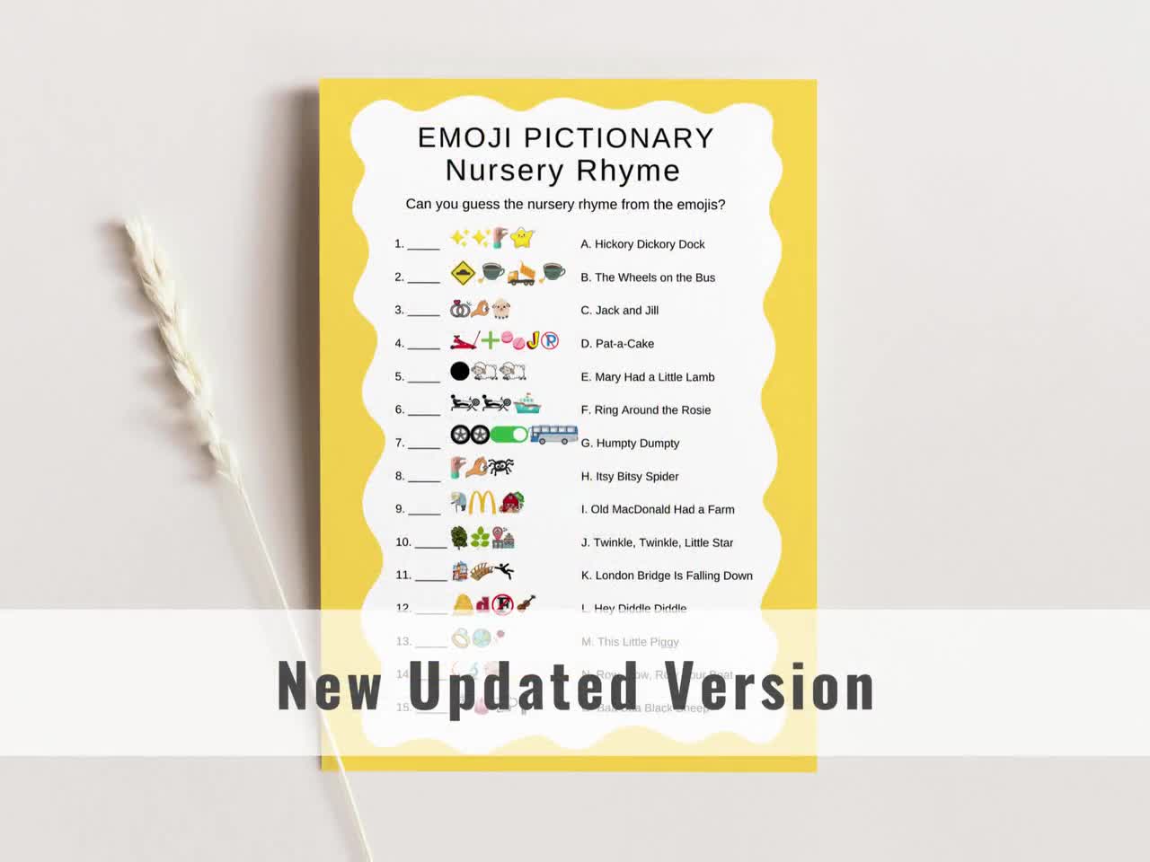 Emoji Pictionary Nursery Rhyme Quiz - Yellow Baby Shower Game