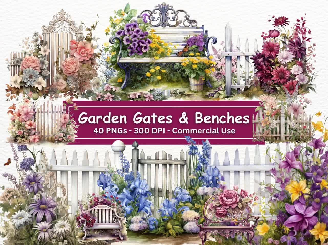 水彩画の花の庭のクリップアート：門、ベンチ、花（40 PNG セット