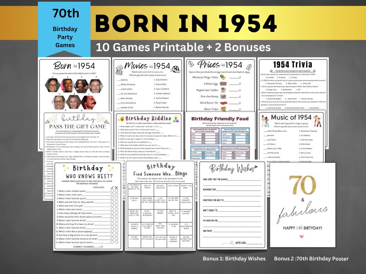 Buy 70th Birthday Games Bundle, Printable, Born in 1954 Party Games for Men  Women Him Her, 70th Party Games, Fun 1954 Trivia, 70th Birthday Gift Online  in India - Etsy