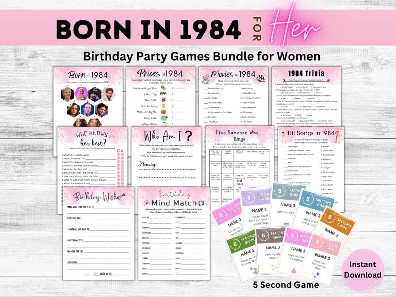 40th Birthday Games for Women, Born in 1984 Games Bundle Her, Fun 40th  Birthday Party Game Printable, 1984 Trivia Quiz, Born in 1984 for Her