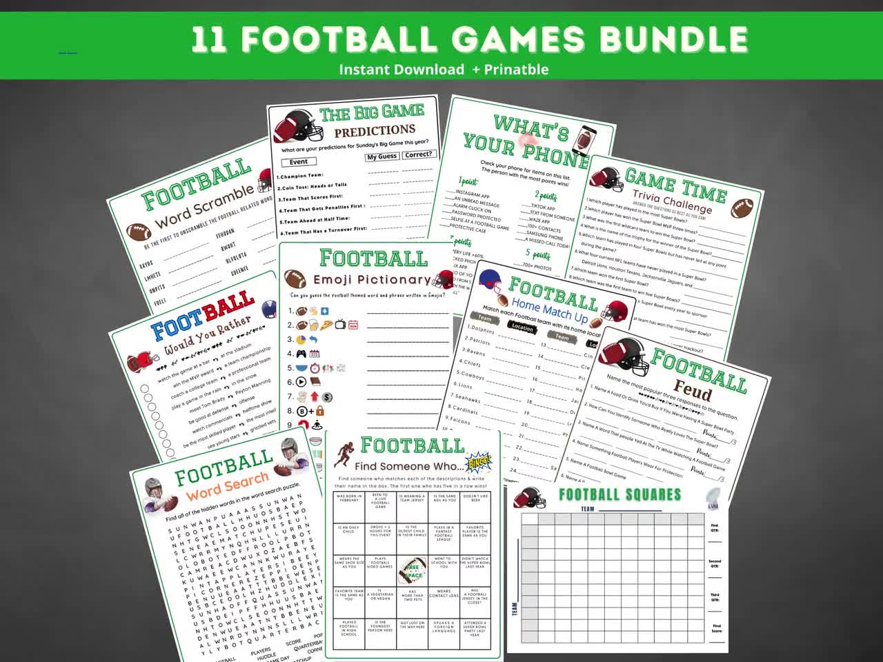 フットボールパーティーゲーム：トリビア、ピクショナリー、ビンゴ（印刷可能なPDF）
