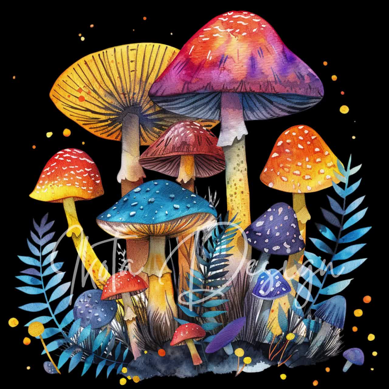 水彩キノコとシダのクリップアートセット、カラフルな森の菌類PNG