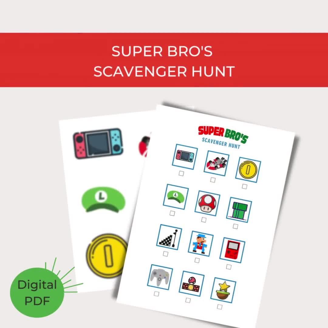 スーパーマリオ スカベンジャーハント：印刷可能な子供向け誕生日パーティーゲーム（PDFダウンロード A4サイズ）