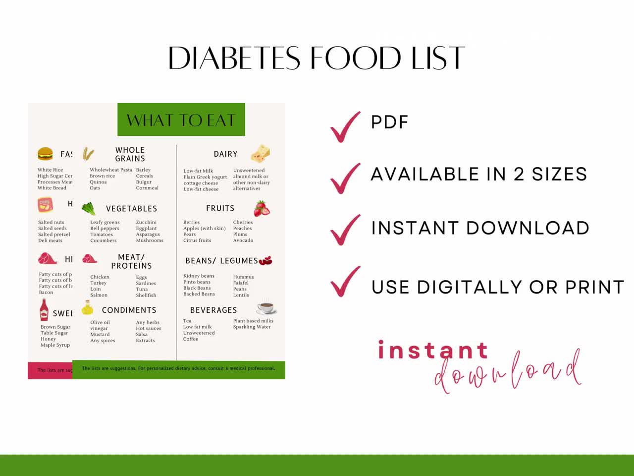 Diabetes Food List, Type 20 Diabetes, Diabetic Food Chart, Printable, PDF,  Instant Download