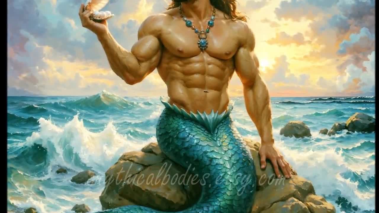 Rompecabezas de tritón: arte mitológico de sirena masculina, image size:1280x720