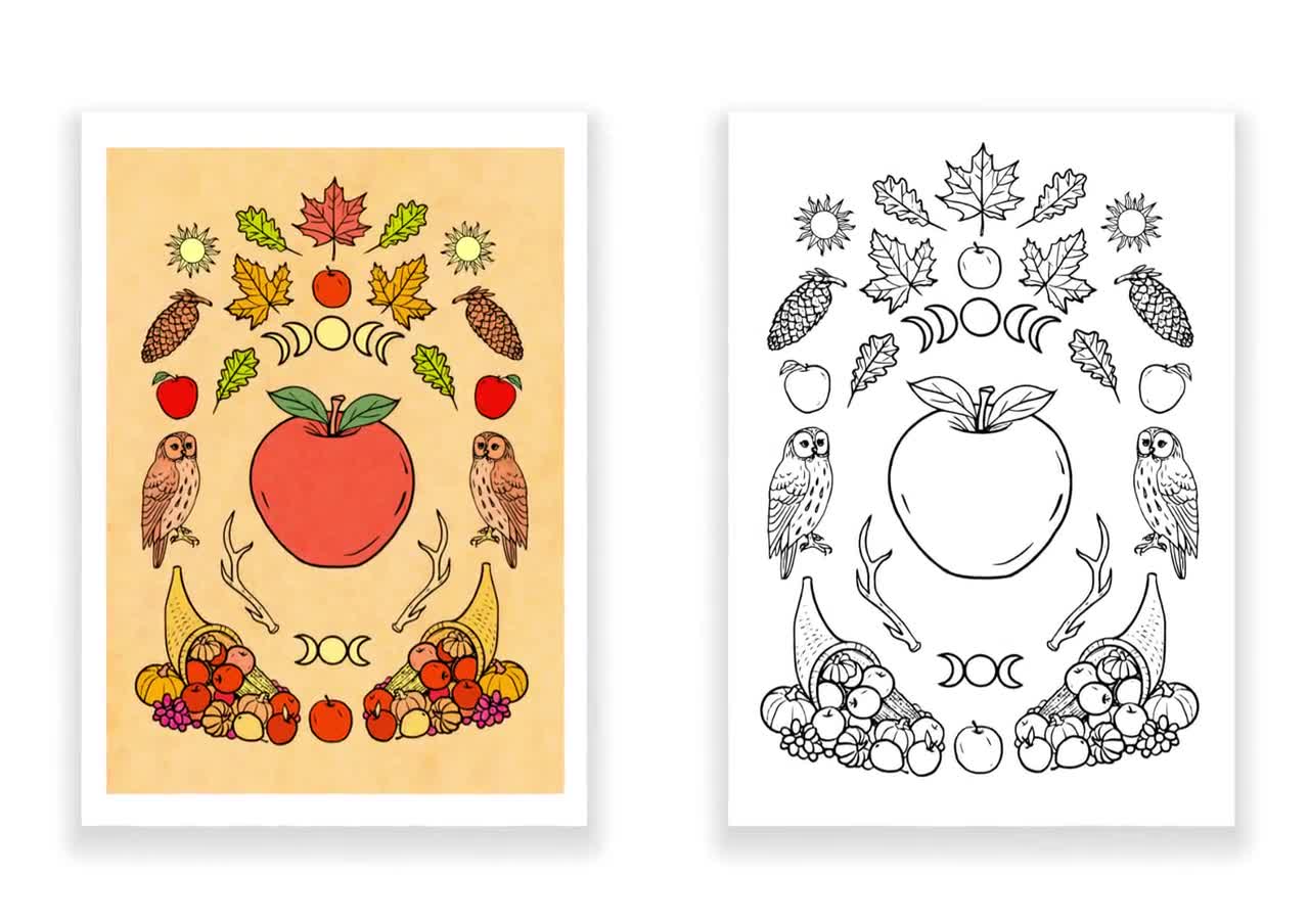 Mabon Autumn Equinox Art Print & Colouring Page - Altar Decoration