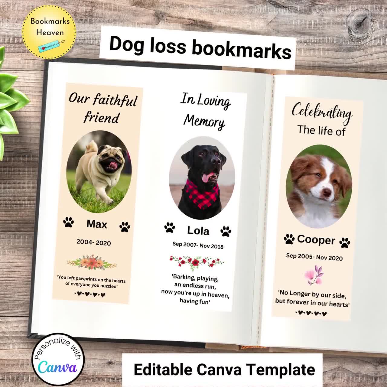Dog Funeral Bookmark Template, Dog Funeral Favors, Pet Funeral.