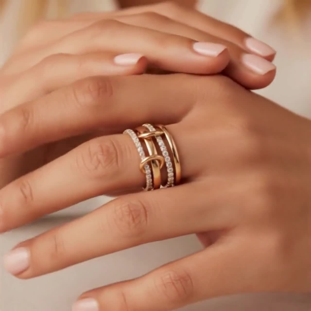 Linking rings interlocking, Multi-band ring layer, Cz gold bands chunky, Dainty thin, Luxurious gift for Her video poster