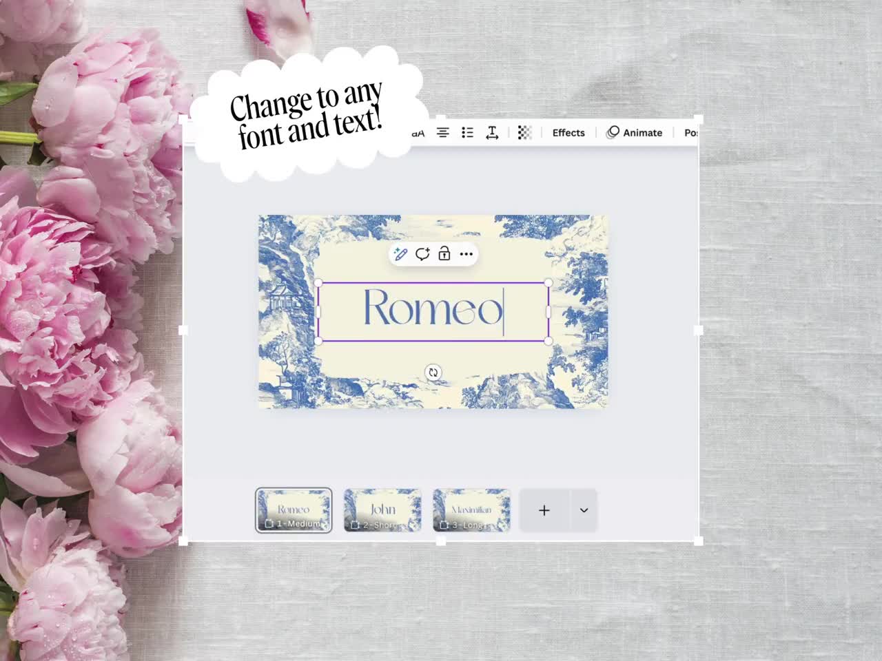 Tarjetas de lugar para despedida de soltera: plantilla de Canva con diseño de toile azul polvoriento, etiquetas de nombre planas vintage, decoración de mesa imprimible / Juliette video poster