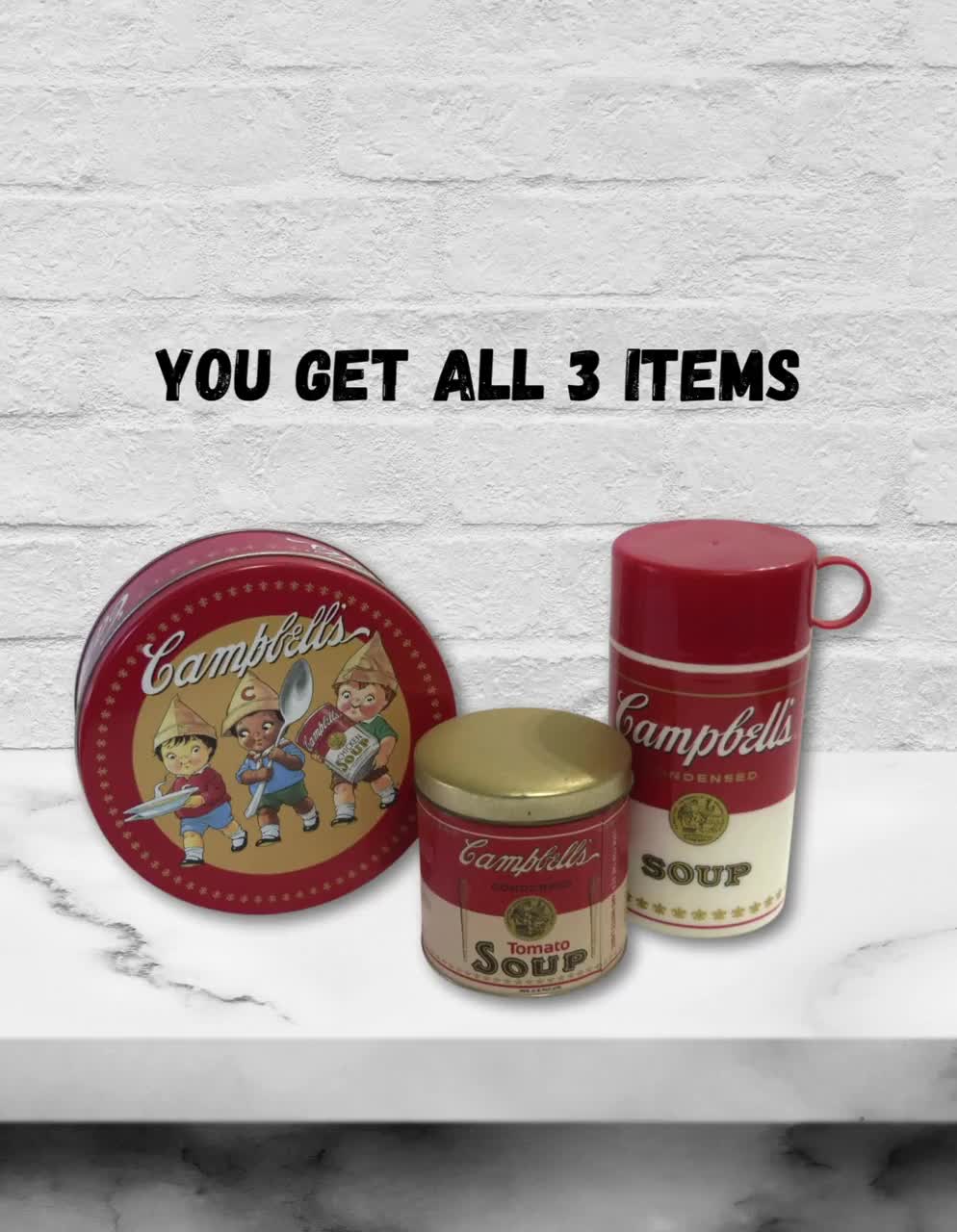 Vintage Campbell Soup Thermos and 2 Campbells Soup Kids Tins