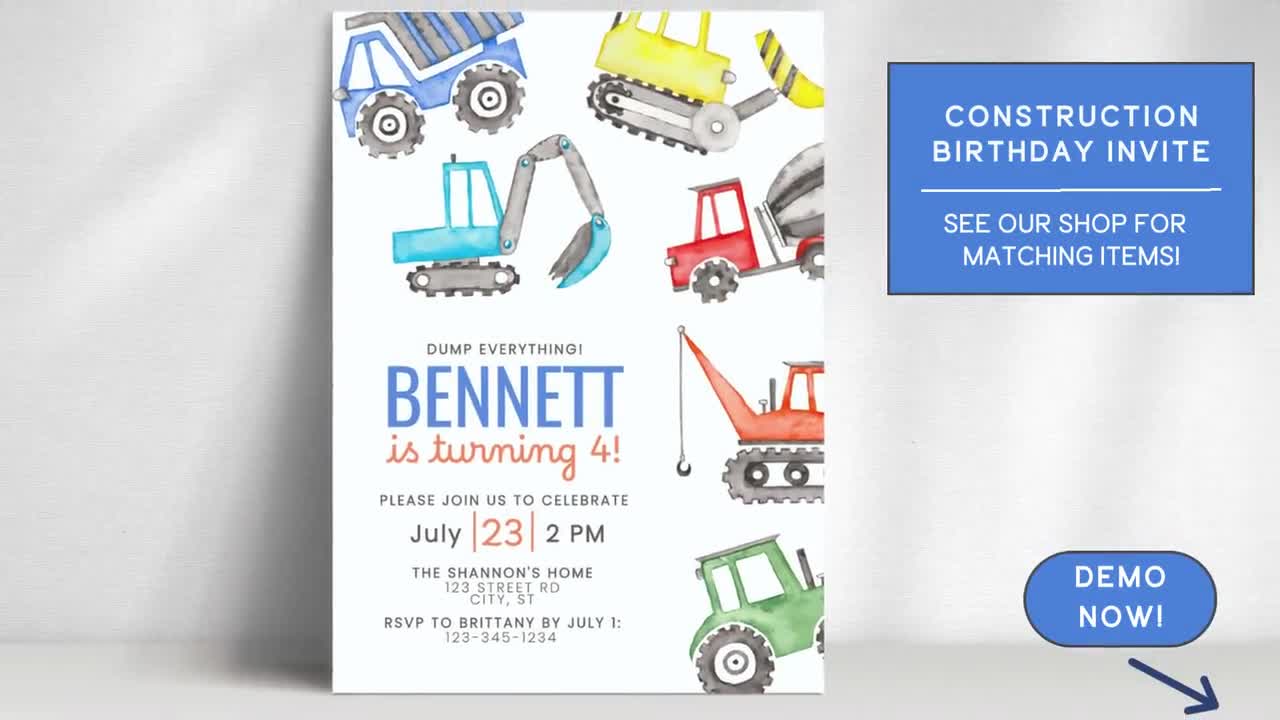 Construction Birthday Party Invitation, Template, Dump Truck