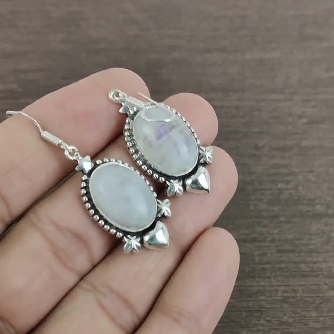 Orecchini a forma di pietra di luna in argento 925 pendenti boho con pietra orecchini da donna, Argento sterling