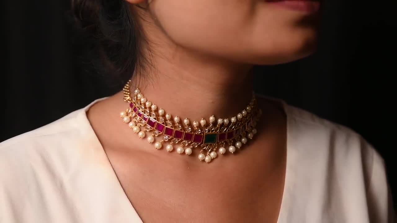 TARINIKA Antique Gold Choker Set For Women & Girls - CZ Stone Necklace & Earrings Set (White Red) - View #4