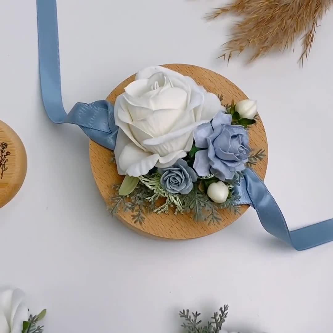 White Roses Corsage & Boutonniere with Long Dusty Blue Ribbon – LeLe Floral