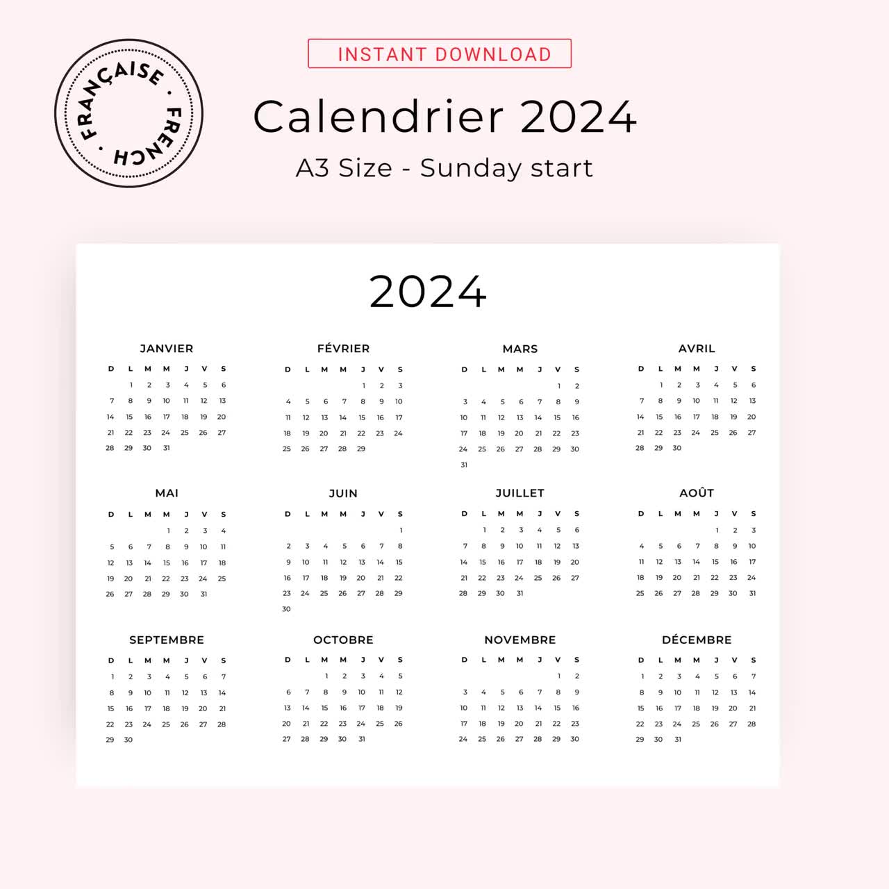 2024 Calendrier 2024 French Calendar Landscape 2024 Yearly Calendar