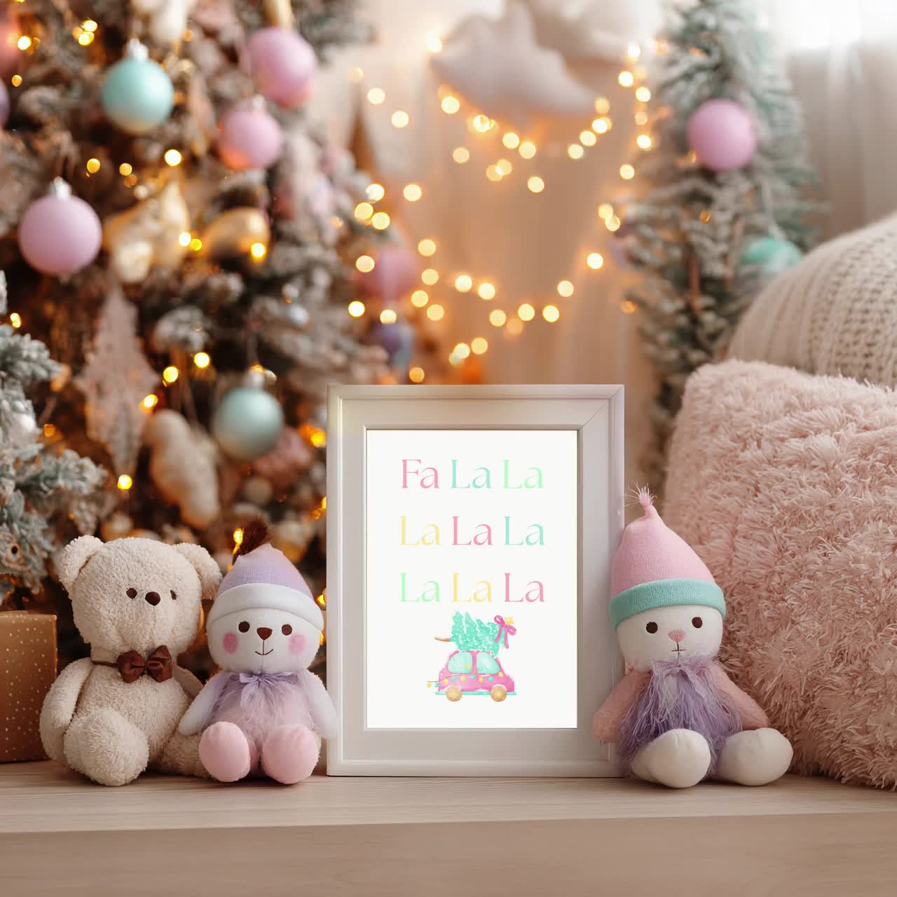パステルカラーのクリスマスウォールアート：Fa La La ホリデー