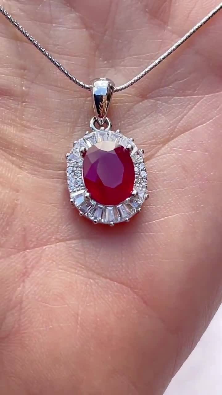 Genuine Natural Ruby and White Topaz Halo Silver Pendant Necklace