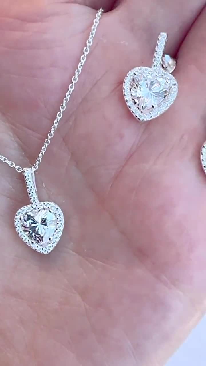 Sterling Silver White Topaz Halo Heart Jewelry Set - Earrings, Ring & Pendant Necklace