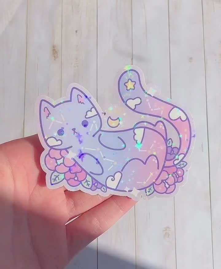 Cute Cat Boba Sparkly Stickers / Holographic Die-cut Kitty