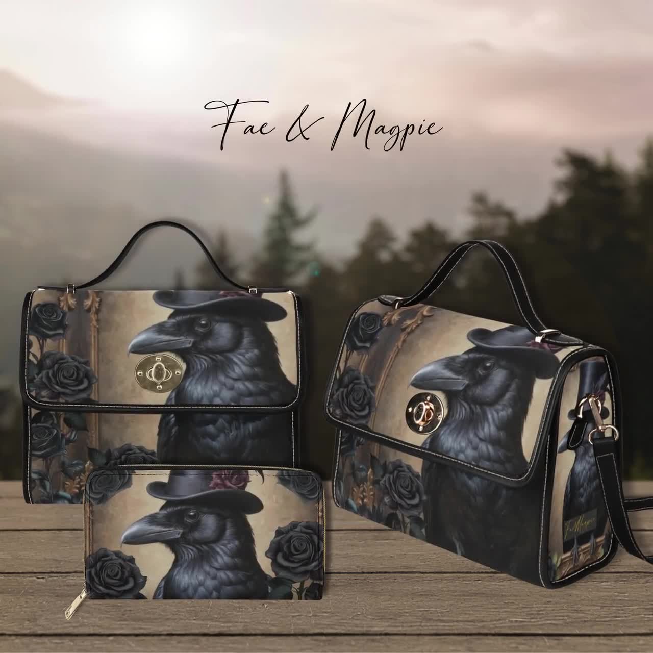 Crow in Top Hat Wallet Purse, Gothic Witchy Clutch Wallet