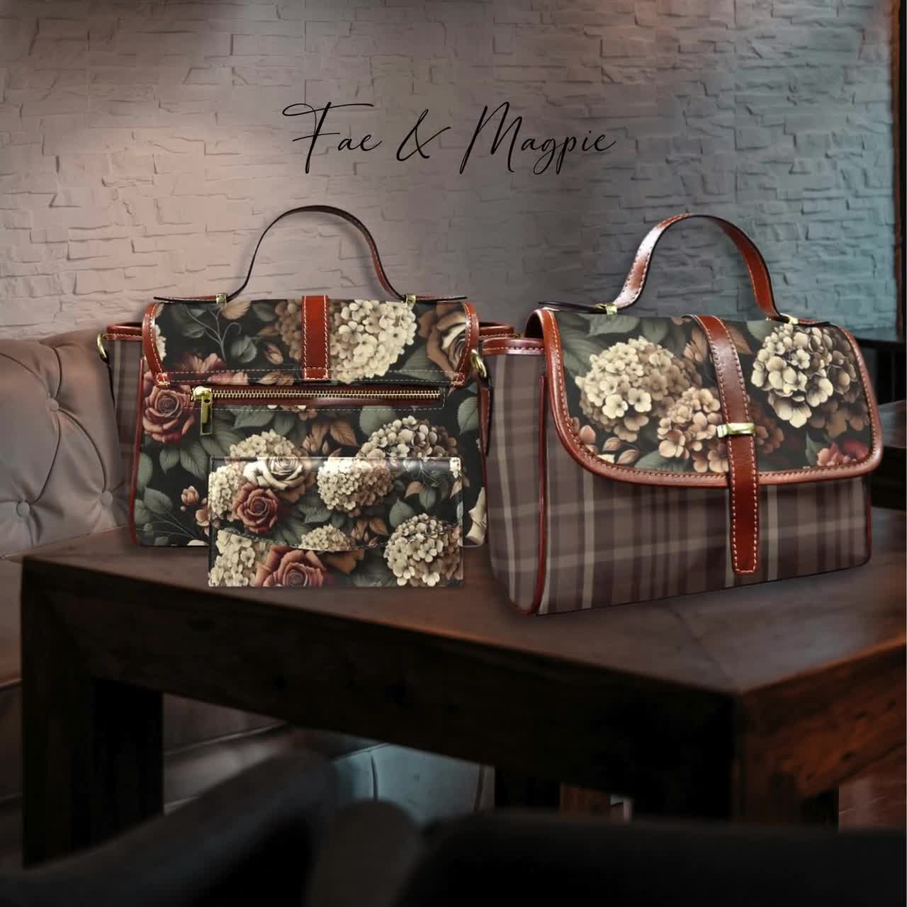 Vintage Floral Plaid Brown Retro Satchel Handbag, Autumn