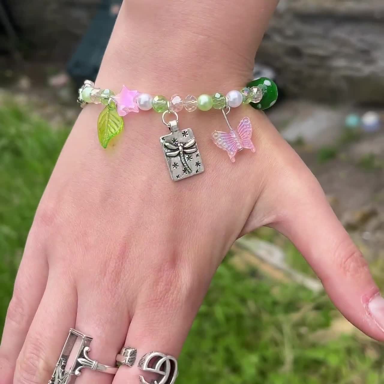 Fairycore Beaded Bracelet, Mushroom Jewellery, Butterfly Nature Leaves,  Cottagecore Jewellery, 90s Mismatch Y2K Jewellery, Gift For Her, image size:1280x1280