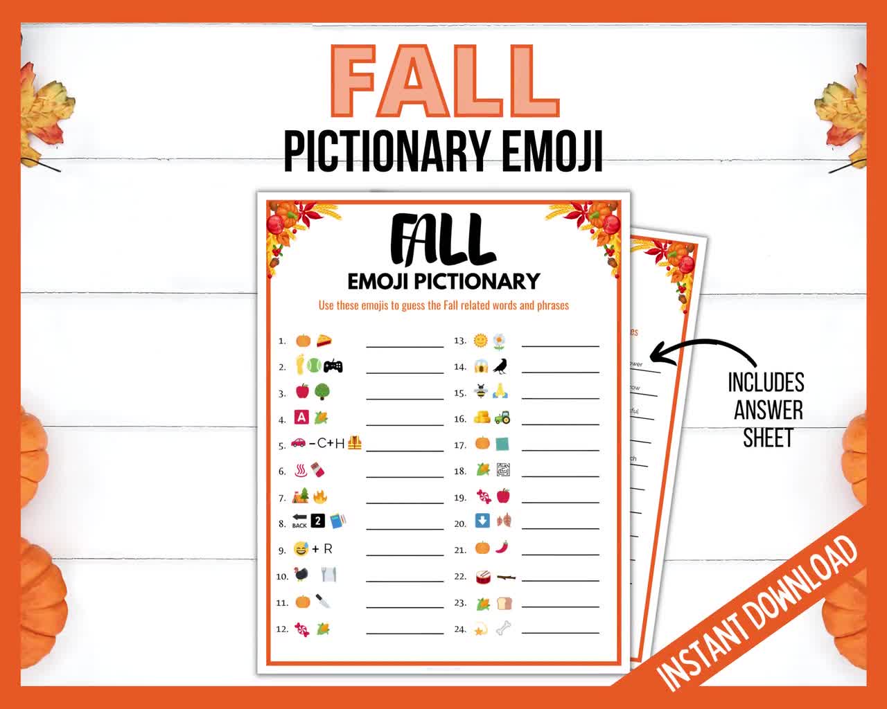 Fall Emoji Pictionary, Printable Autumn Games, Fall Time Activities for  Adults, Teens and Kids, Fun Autumn Games, Thanksgiving Emoji Game