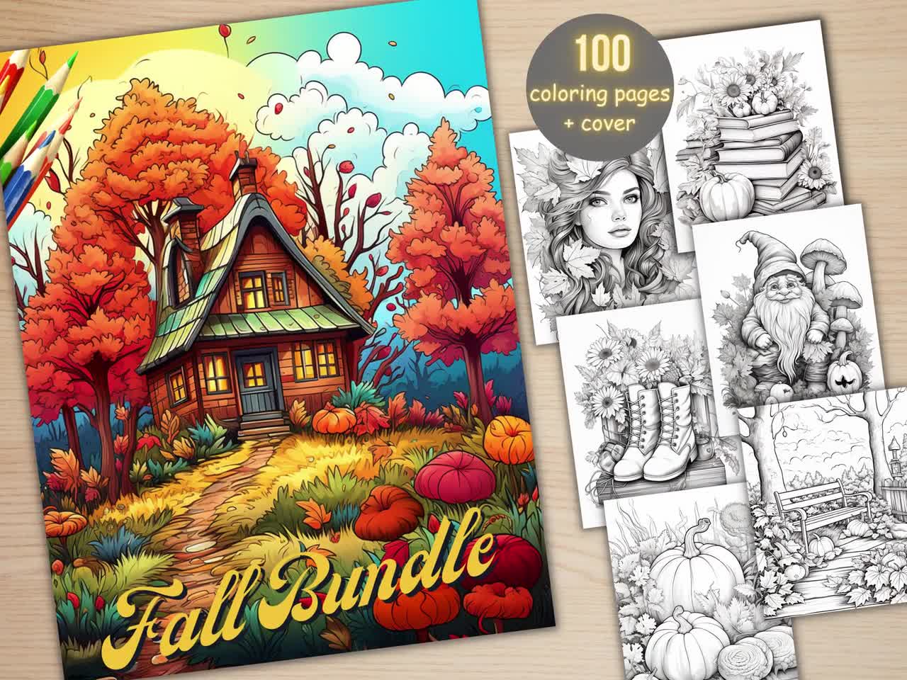 100 Fall Bundle Coloring Book, Printable Fall Pumpkin Scenes